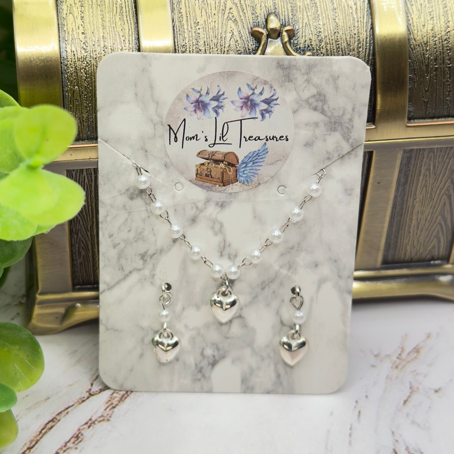 Pearl Beaded Silver Heart Charm Doll Necklace & Earrings • 16 Inch Fashion Doll Jewelry