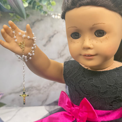 White Pearl Beaded Gold Chain & Crucifix • Doll Size Catholic Rosary for 18-22” Fashion or Vintage Dolls