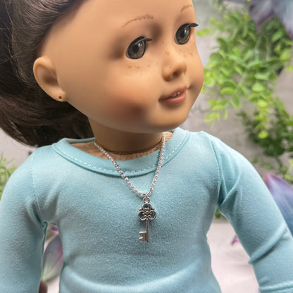 Silver Key Charm Pearl Cup Chain Doll Necklace • 18 Inch Fashion Doll Jewelry