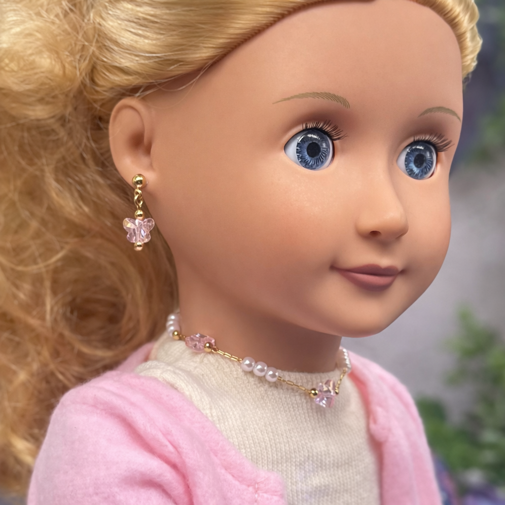 Light Pink Acrylic Crystal & Pearl Beaded Doll Necklace and Earrings Set • 18 Inch Fashion Doll Jewelry