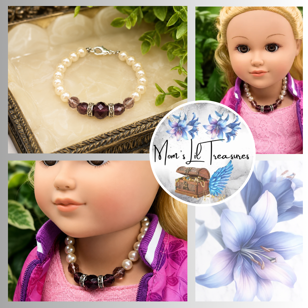Pearl & Purple Crystal Rhinestone Doll Necklace • 18 Inch Fashion Doll Jewelry