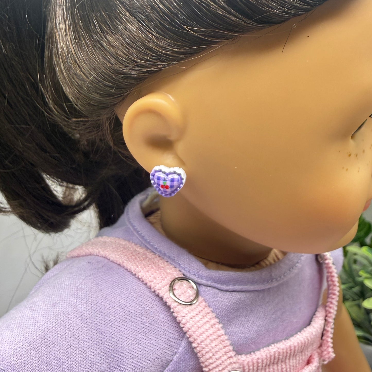 Purple Lattice Design Heart Post Doll Earrings • 2mm Post for 18 Inch Fashion Doll