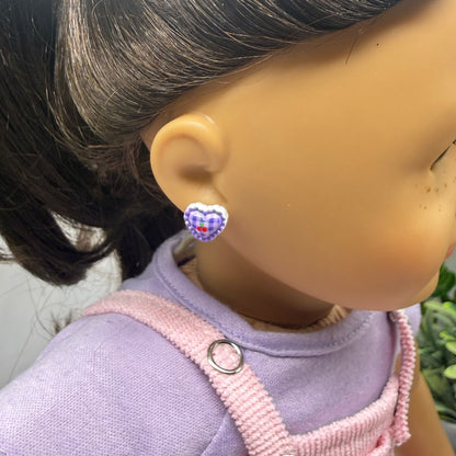 Purple Lattice Design Heart Post Doll Earrings • 2mm Post for 18 Inch Fashion Doll