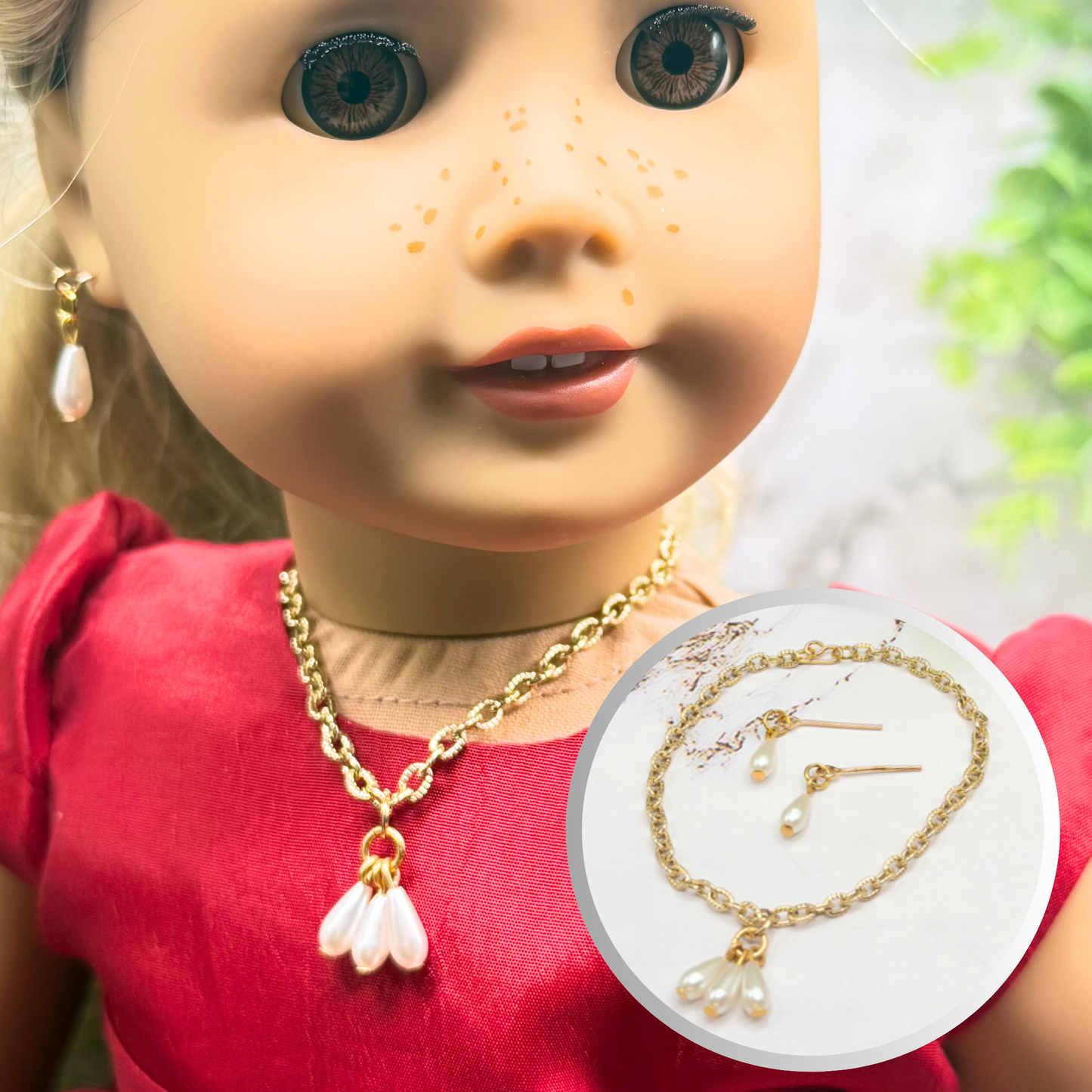 Teardrop Pearl Dangle Pendant Gold Chain Doll Necklace & Earrings Set • 18 Inch Fashion Doll Jewelry