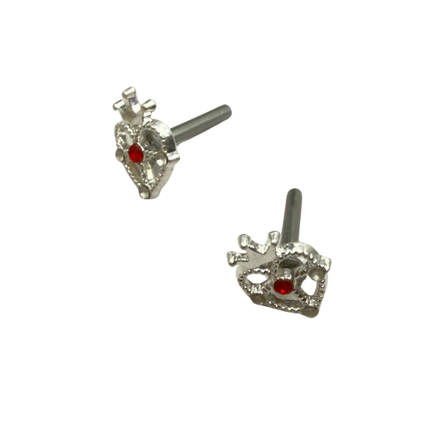 Silver Heart w/ Crown Red Rhinestone Post Doll Earrings • 2mm Post for 18 Inch Fashion Doll