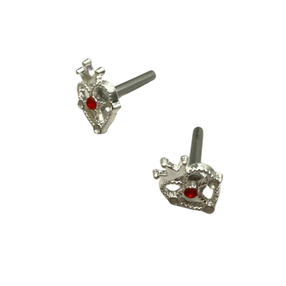 Silver Heart w/ Crown Red Rhinestone Post Doll Earrings • 2mm Post for 18 Inch Fashion Doll