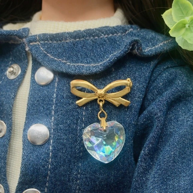 Clear Glass Heart Pendant Gold Tone Bow Pin • Doll Brooch