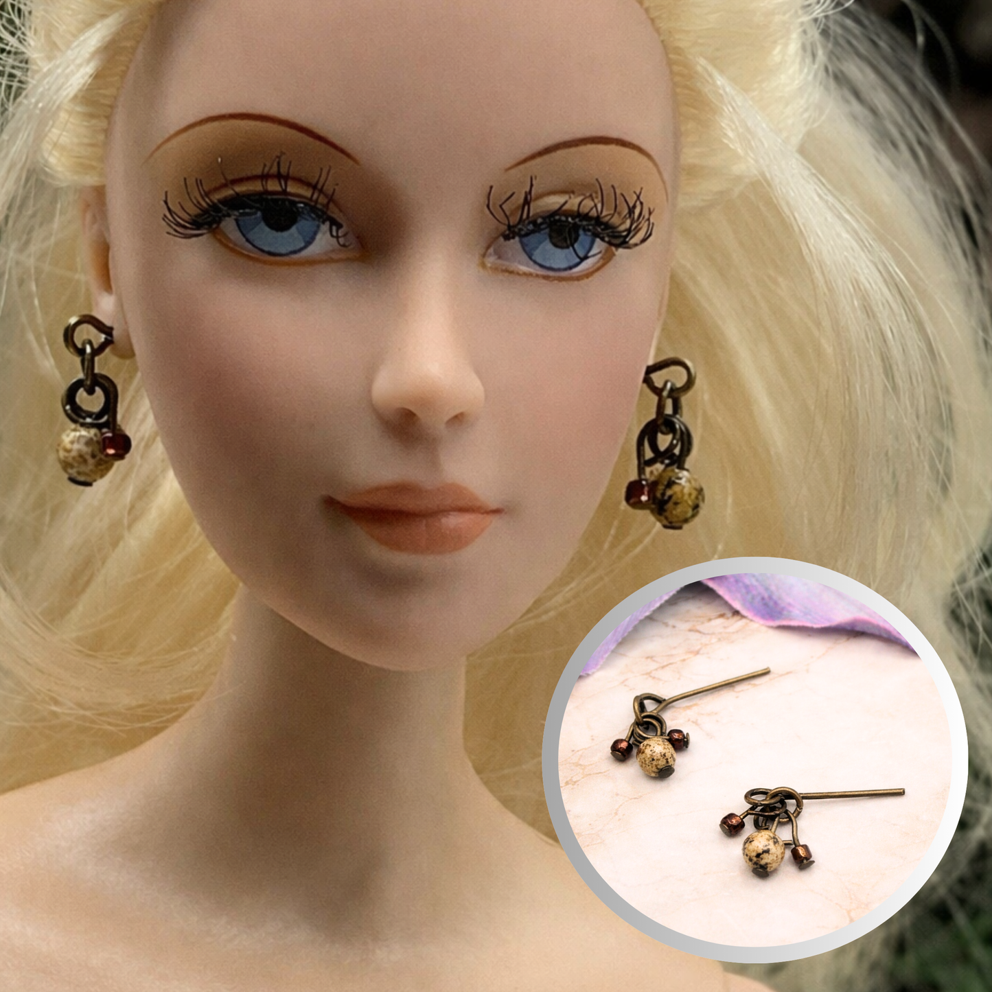Brown Glass Marble Speckled Multi Dangle Doll Earrings • 16” Doll Jewelry