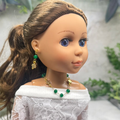 Green Beaded Gold Four- Leaf Clover Charms Doll Necklace & Earrings • 14 Inch Fashion Doll Jewelry