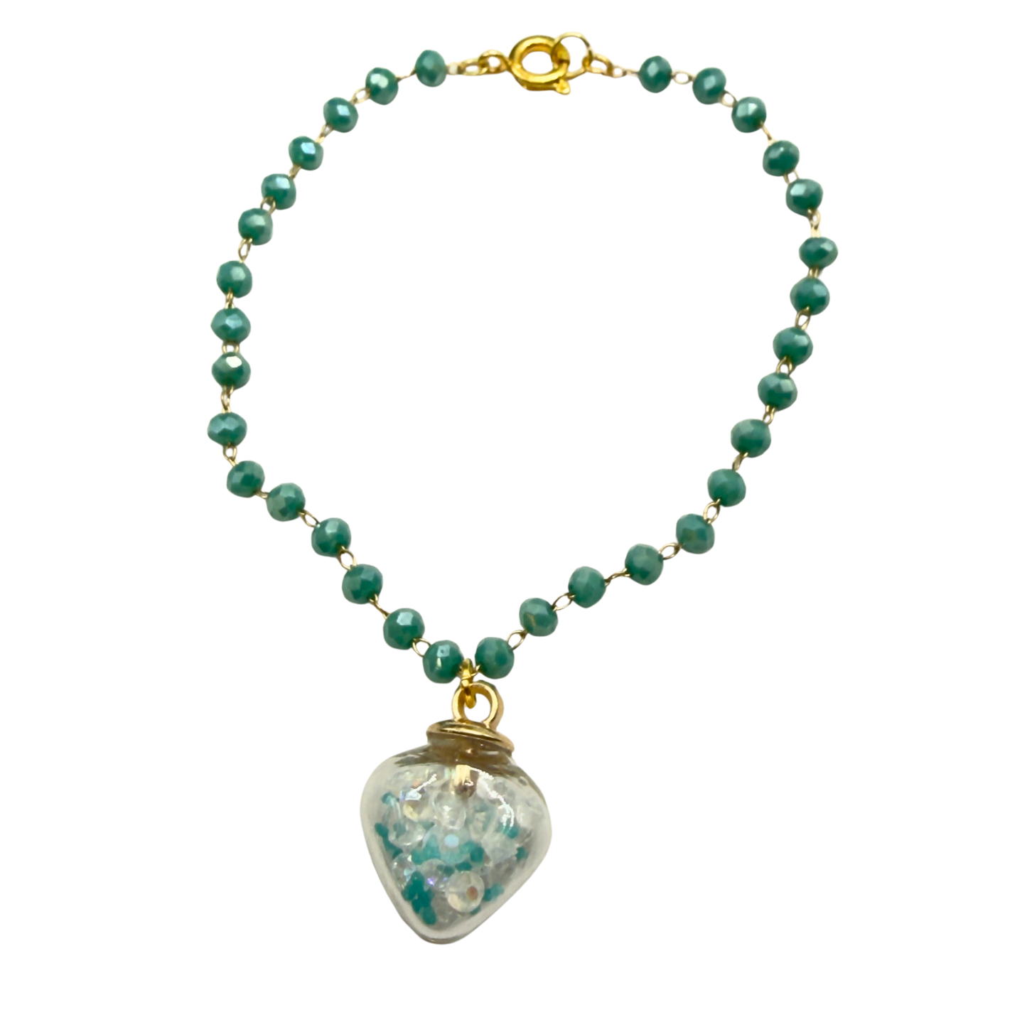 Clear Heart Charm W/ Crystals Turquoise Blue Glass Beaded Doll Necklace • 18 Inch Fashion Doll Jewelry