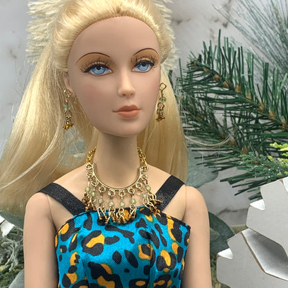 Light Green Brown Glass Dangle Doll Necklace Earrings Set • 16” Doll Jewelry