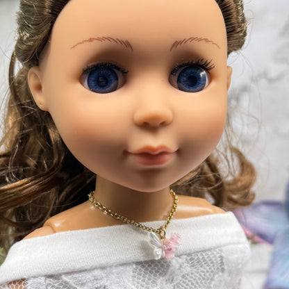 Pink & White Acrylic Butterfly Roses Charm Gold Chain Doll Necklace • 14 Inch Fashion Doll Jewelry