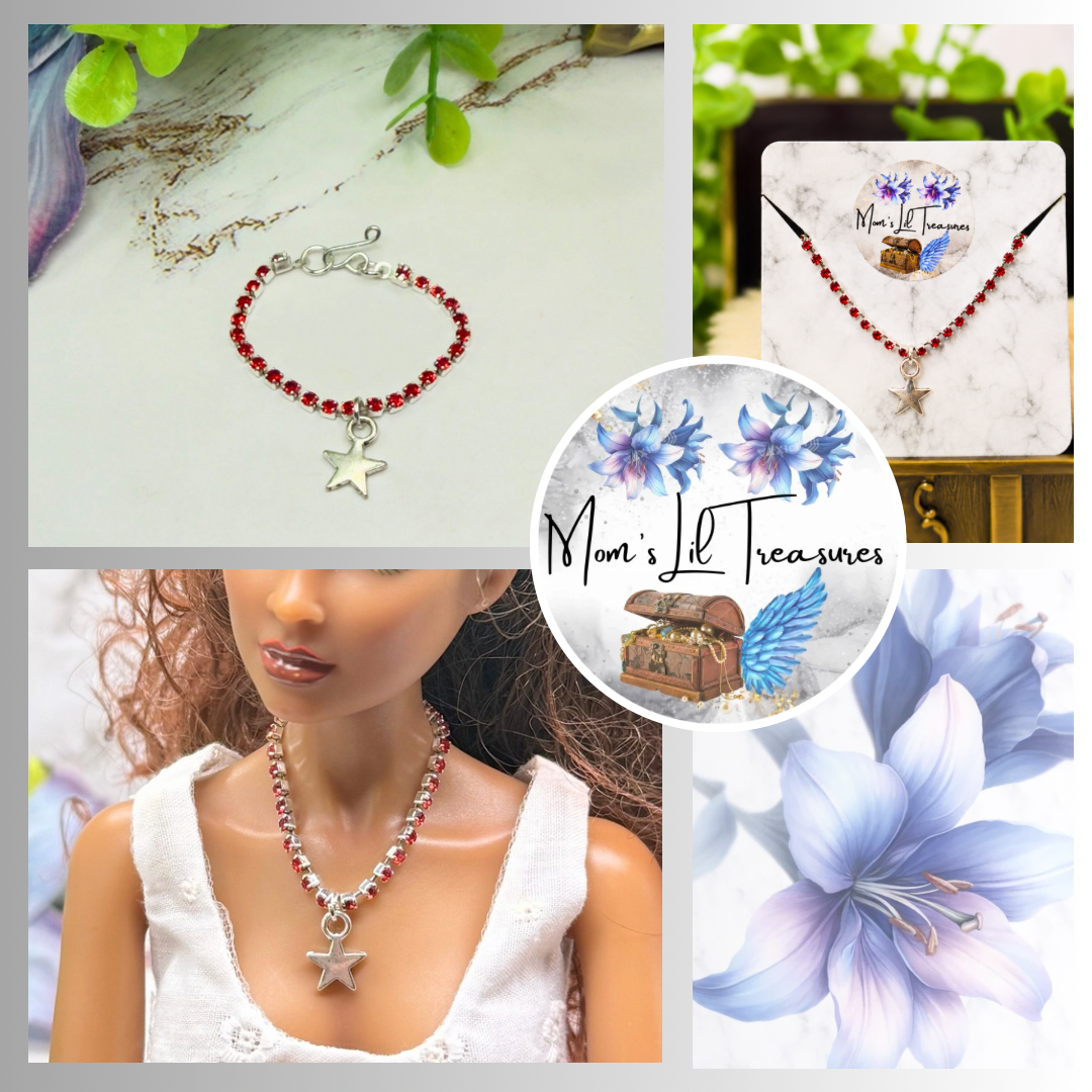 Red Rhinestone Silver Star Charm Doll Necklace for 16 Inch Fashion Doll