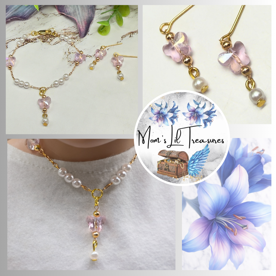 Pink Acrylic Crystal Butterfly & Pearl Gold Doll Necklace & Earrings • 18 Inch Fashion Doll Jewelry