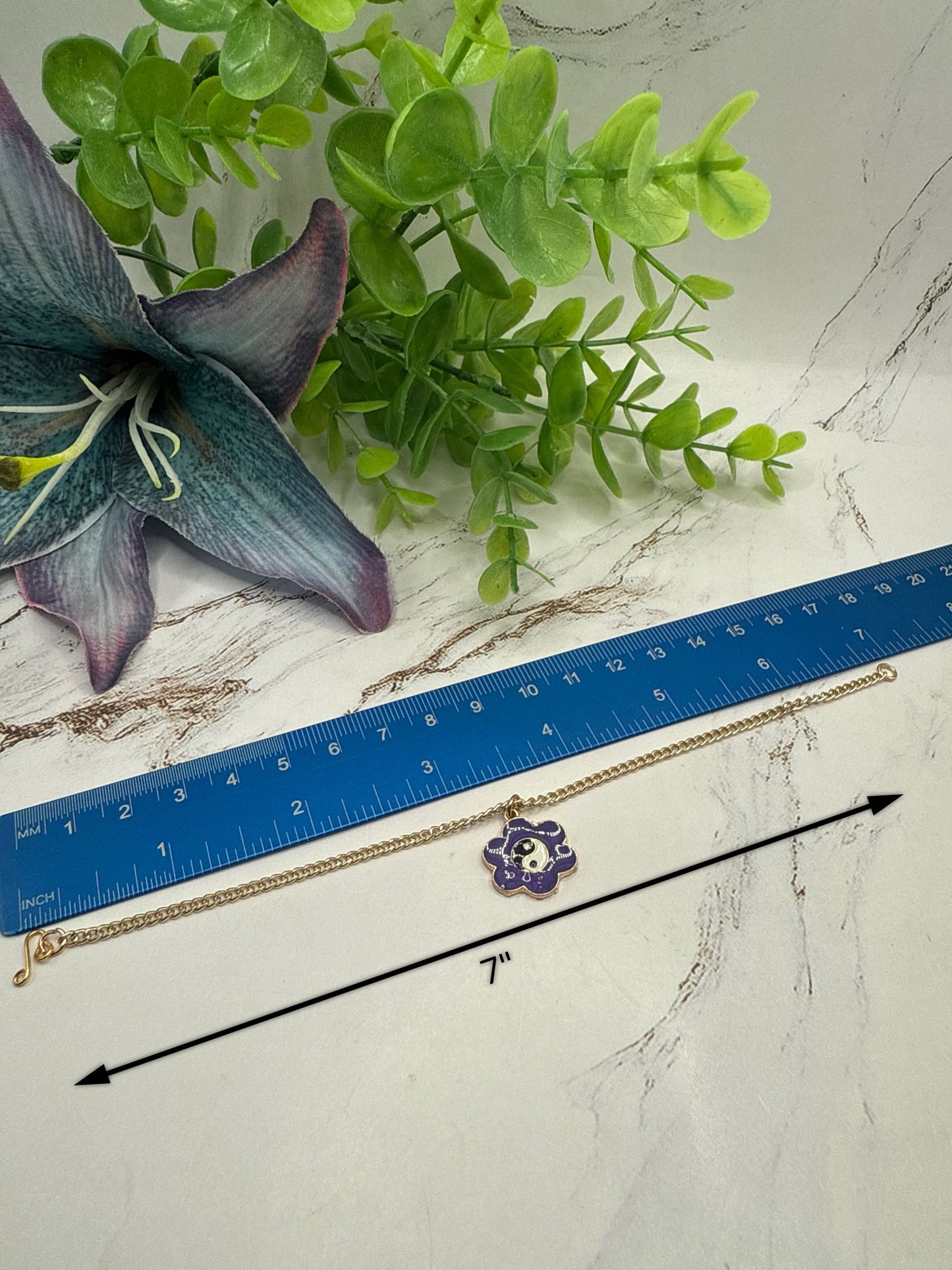 Yin-Yang Purple Flower Charm Gold Chain Doll Necklace • 18 Inch Fashion Doll Jewelry