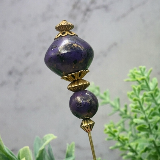 Dusky Purple Speckled Acrylic - Gold Tone Filigree - 6” Pin • Hatpin - Stick Pin
