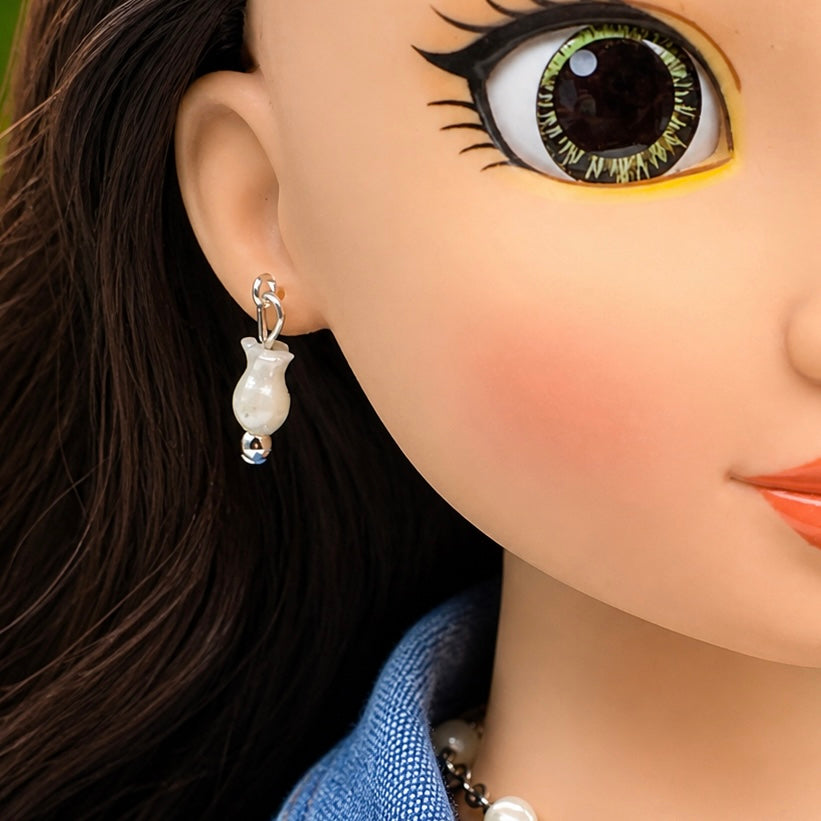 Cream Pearly Tulip Shape Beaded Doll Necklace Earring Set • 18 Inch Doll Jewelry