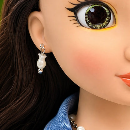 Cream Pearly Tulip Shape Beaded Doll Necklace Earring Set • 18 Inch Doll Jewelry