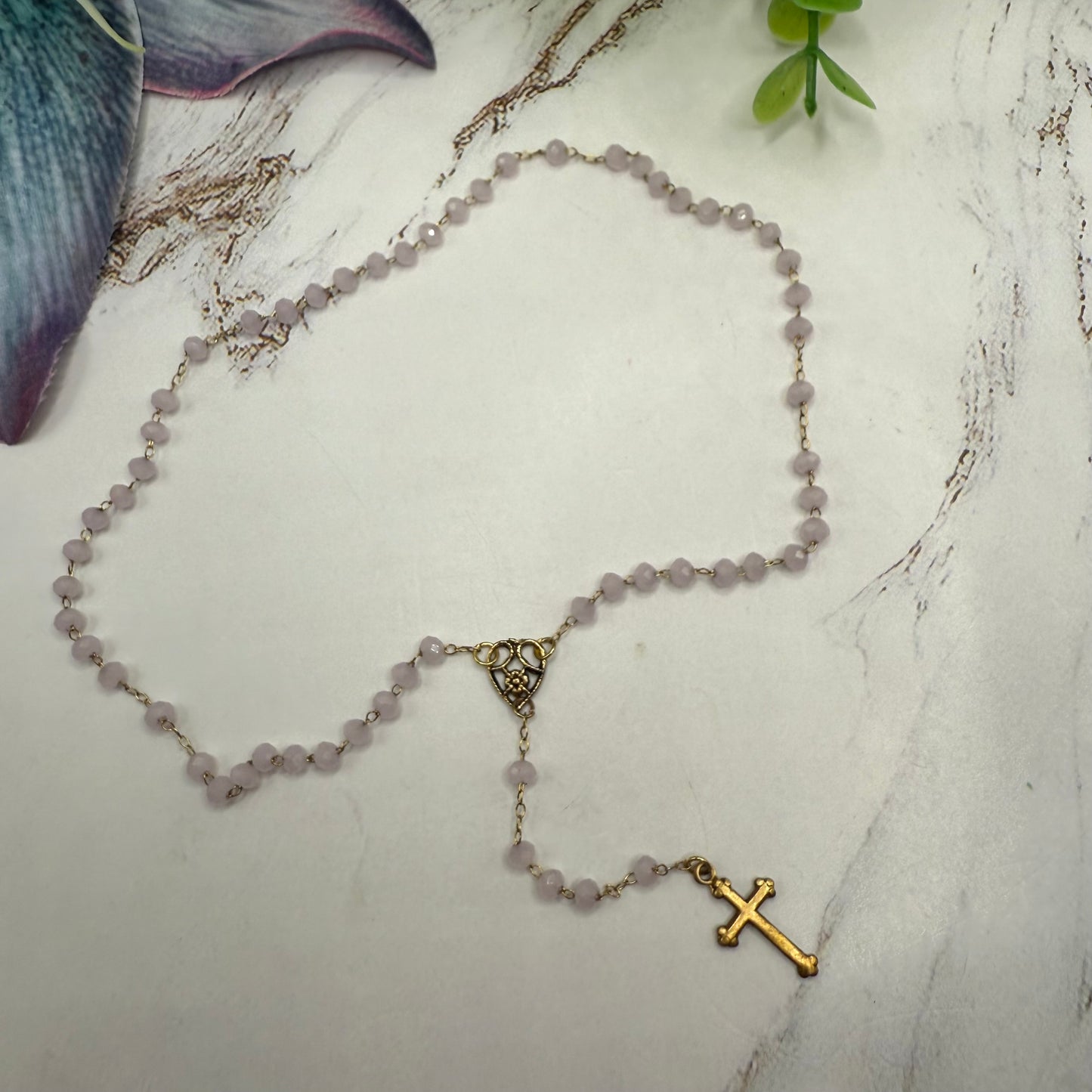 Light Pink Glass Crystal Gold Cross • Doll Size Catholic Rosary for 18-22” Fashion or Vintage Dolls