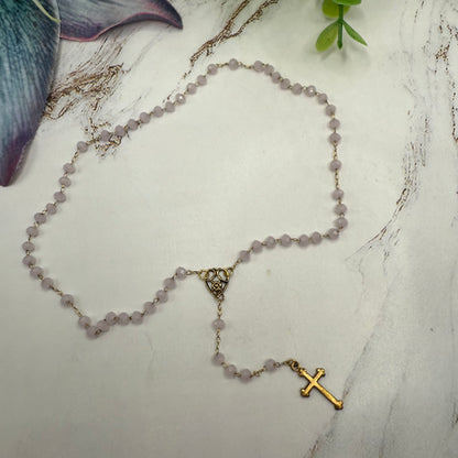 Light Pink Glass Crystal Gold Cross • Doll Size Catholic Rosary for 18-22” Fashion or Vintage Dolls