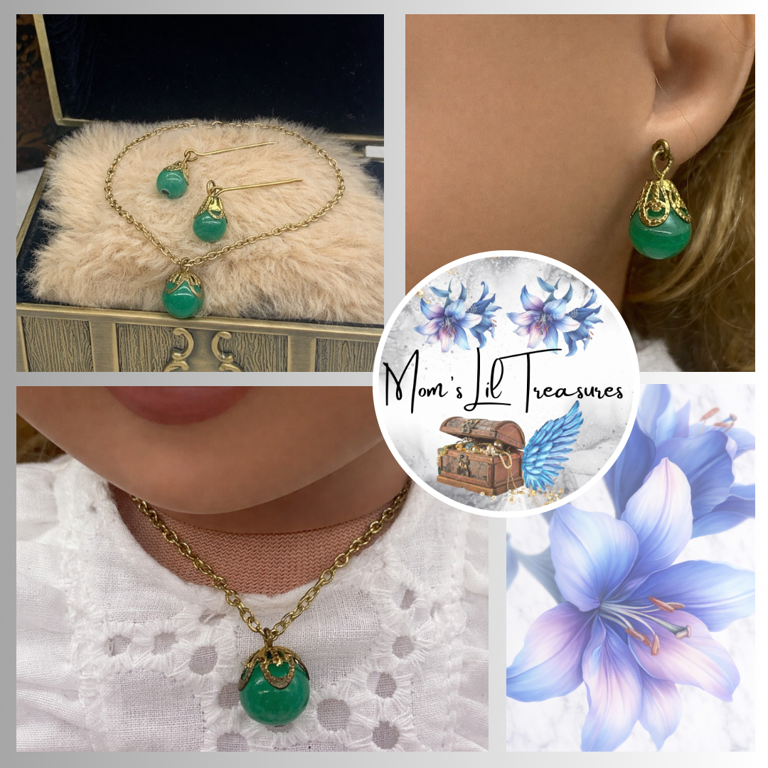 Green Glass Drop Pendant Doll Necklace Earrings Set for 18 Inch Doll Jewelry Accessory
