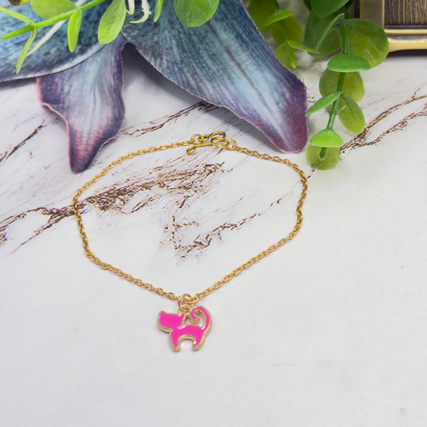 Pink Enamel Cat Charm Gold Doll Necklace • 18 Inch Fashion Doll Jewelry