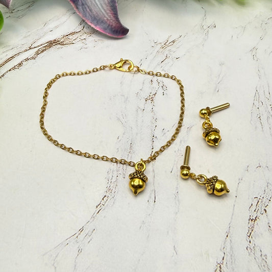 Gold Acorn Fall Charm Doll Necklace & 2mm Post Earrings | for 18 Inch Dolls • American Girl