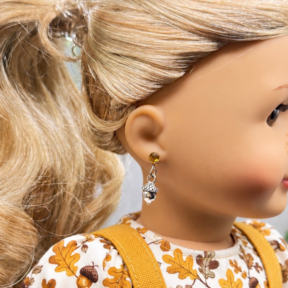 Silver Acorn Harvest Autumn Charm Yellow Rhinestone 2mm Post Doll Earrings | fits 18 Inch Dolls • American Girl
