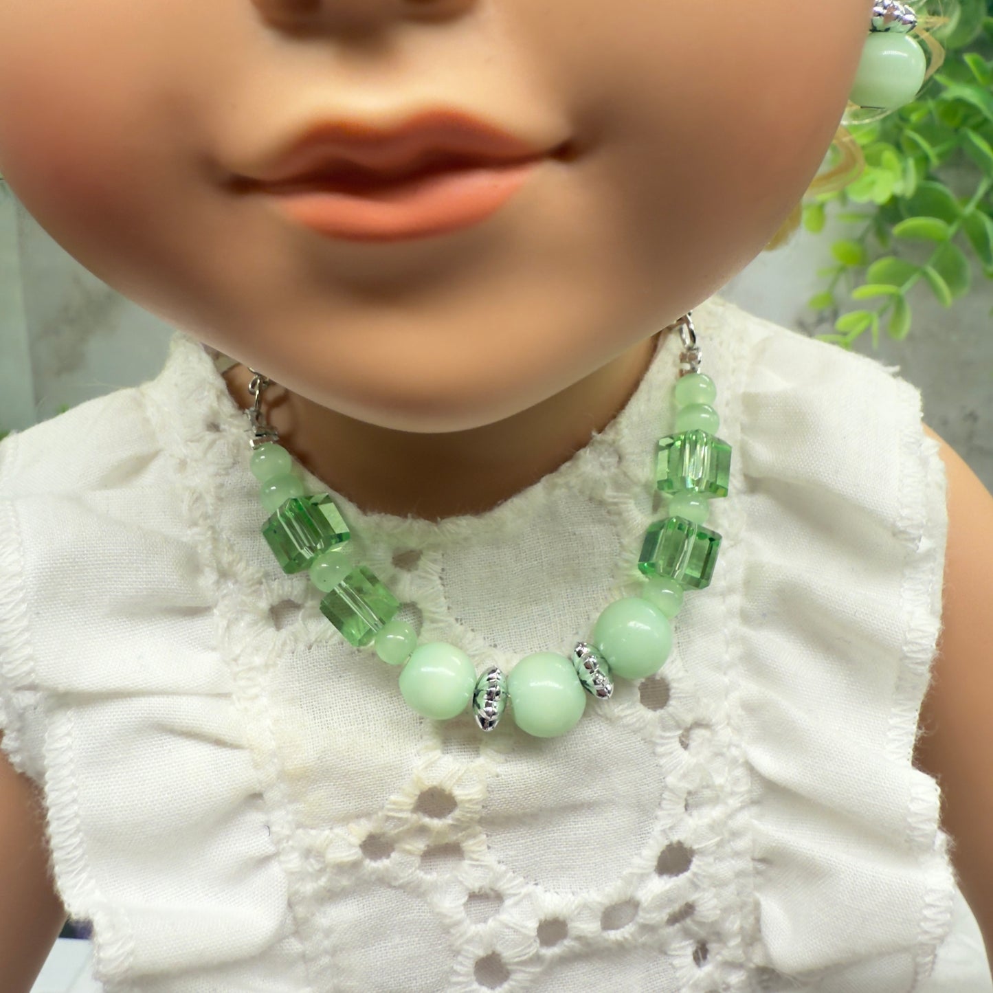 Light Green Glass Beaded Silver Chain Doll Necklace • 18 Inch Fashion Doll Jewelry
