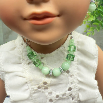 Light Green Glass Beaded Silver Chain Doll Necklace • 18 Inch Fashion Doll Jewelry