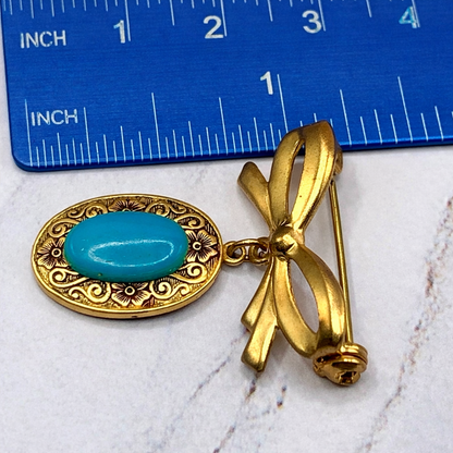 Gold Tone Turquoise Blue Pendant • Doll Brooch