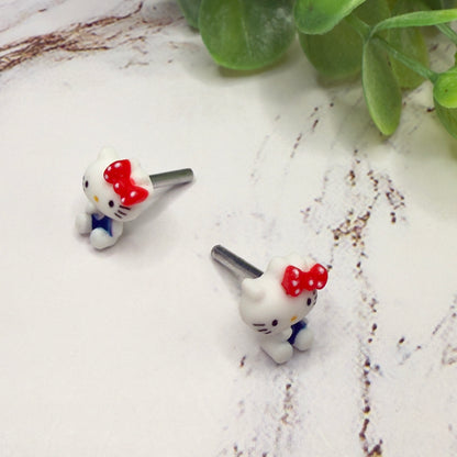 Hello Cat Kitty Red Polka Dot Bow Post Doll Earrings • 2mm Post for 18 Inch Fashion Doll