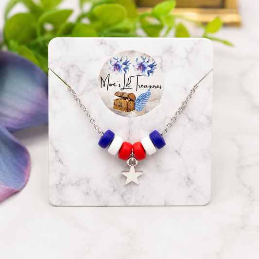 Red White Blue Beaded Silver Star Charm Doll Necklace for 16 Inch Fashion Doll