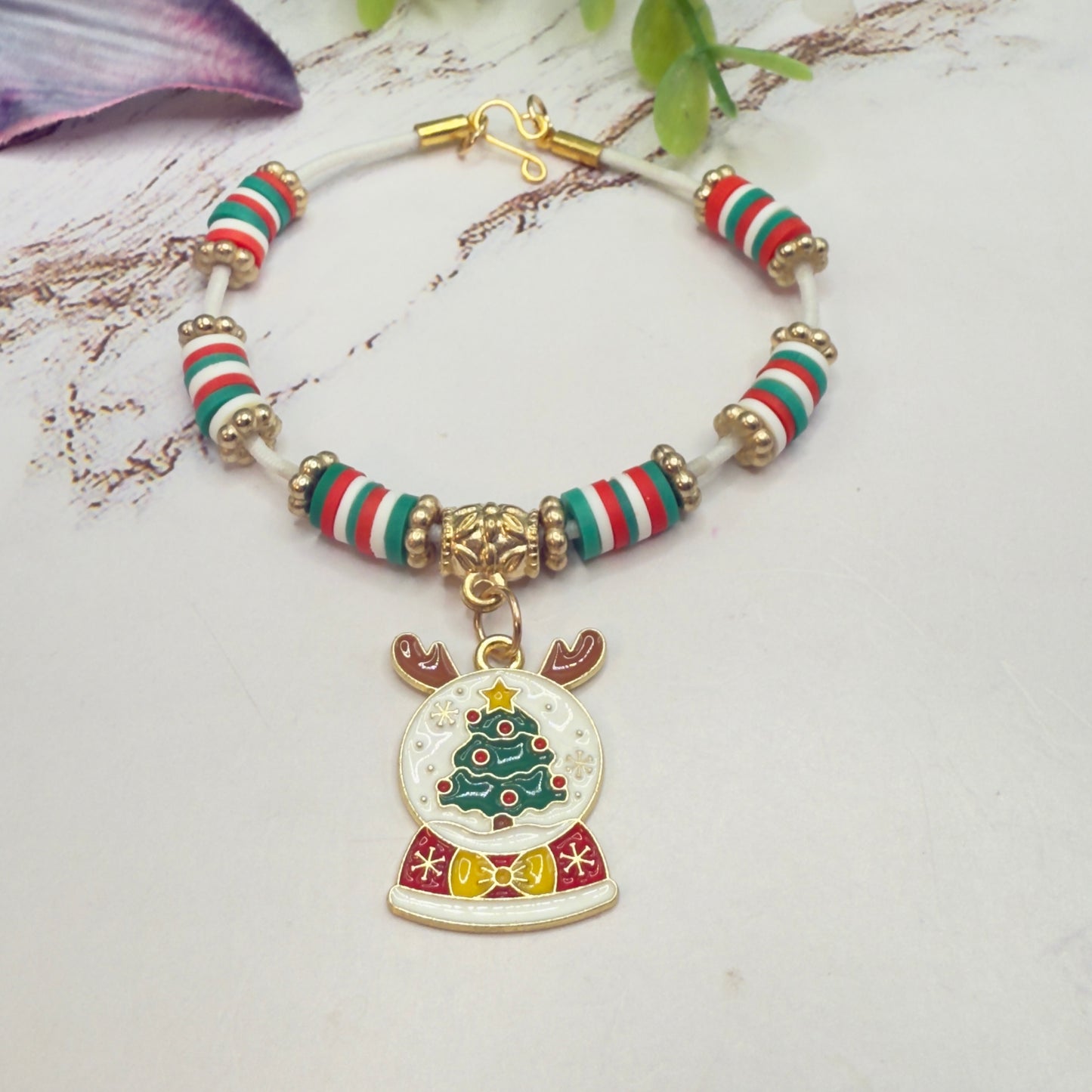 Christmas Snow Globe Charm Acrylic Beaded White Fabric Cord Doll Necklace • 18 Inch Fashion Doll Jewelry