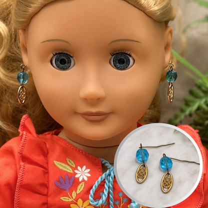 Turquoise Blue Glass Gold  Dangle Doll Earrings for 18 Inch Fashion Doll • Doll Jewelry