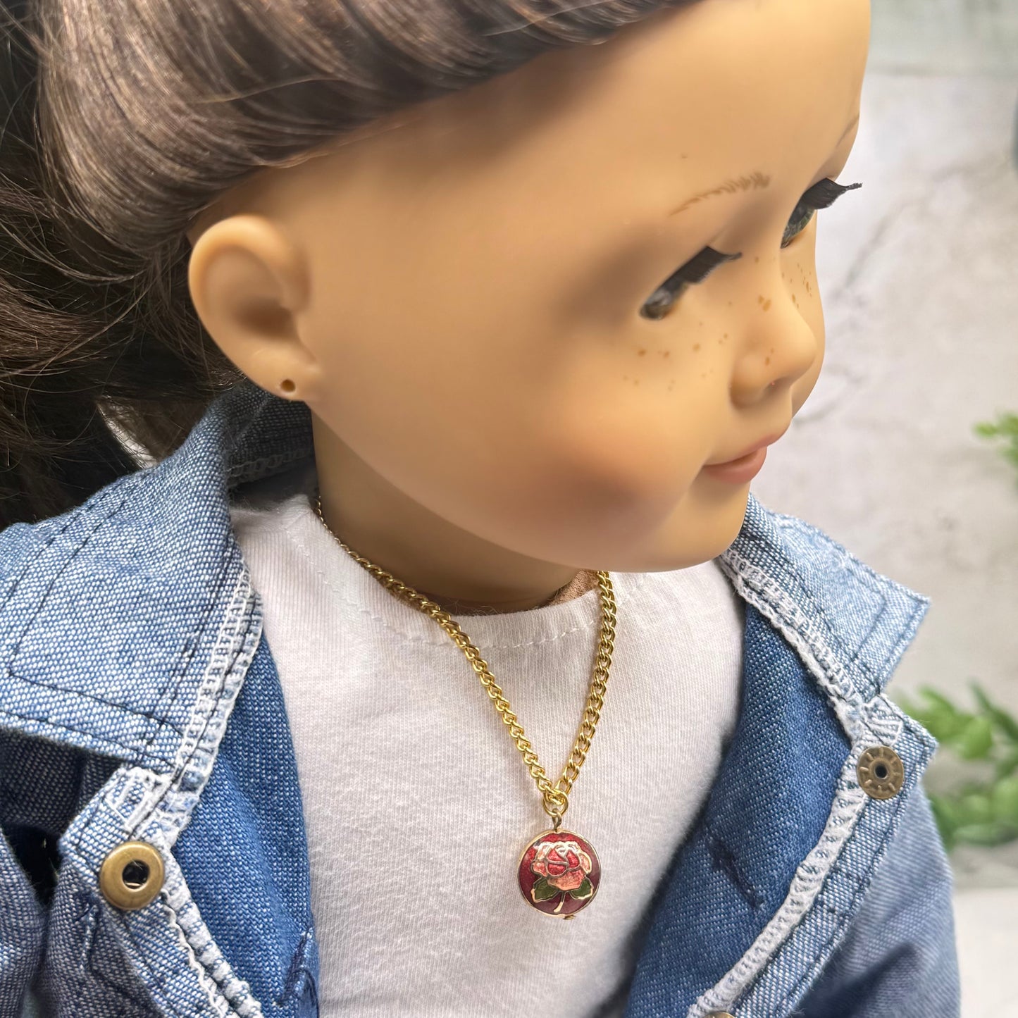 Burgundy Rose Design Round Cloisonné Pendant Doll Necklace • 18 Inch Fashion Doll Jewelry