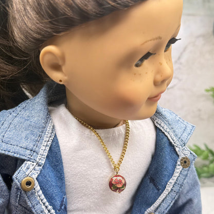 Burgundy Rose Design Round Cloisonné Pendant Doll Necklace • 18 Inch Fashion Doll Jewelry