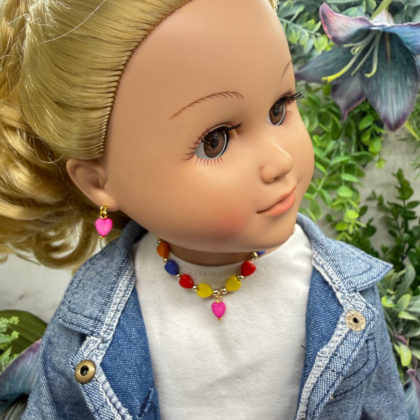 Rainbow Multi Color Heart Beaded Doll Necklace & Earrings Set • 18 Inch Fashion Doll Jewelry