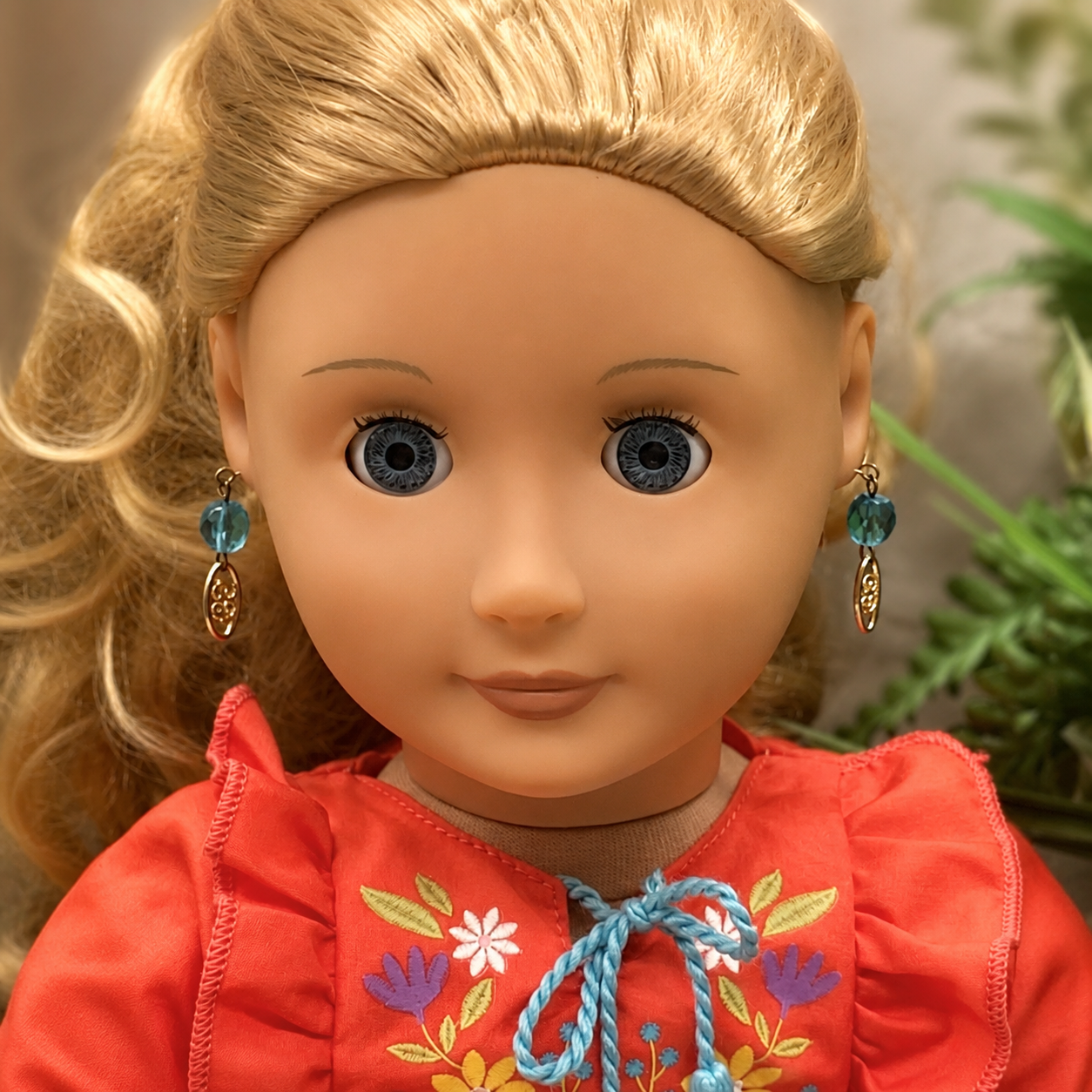 Turquoise Blue Glass Gold  Dangle Doll Earrings for 18 Inch Fashion Doll • Doll Jewelry