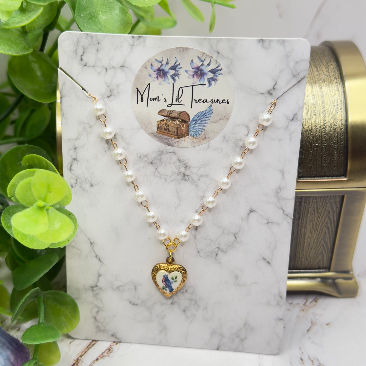 Blue Bird Design Gold Heart Charm Pearl Beaded Doll Necklace • 18 Inch Fashion Doll Jewelry