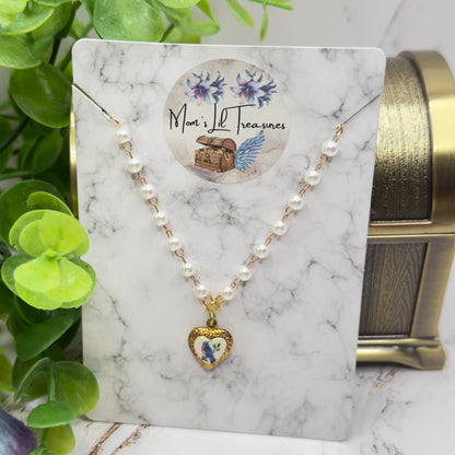 Blue Bird Design Gold Heart Charm Pearl Beaded Doll Necklace • 18 Inch Fashion Doll Jewelry