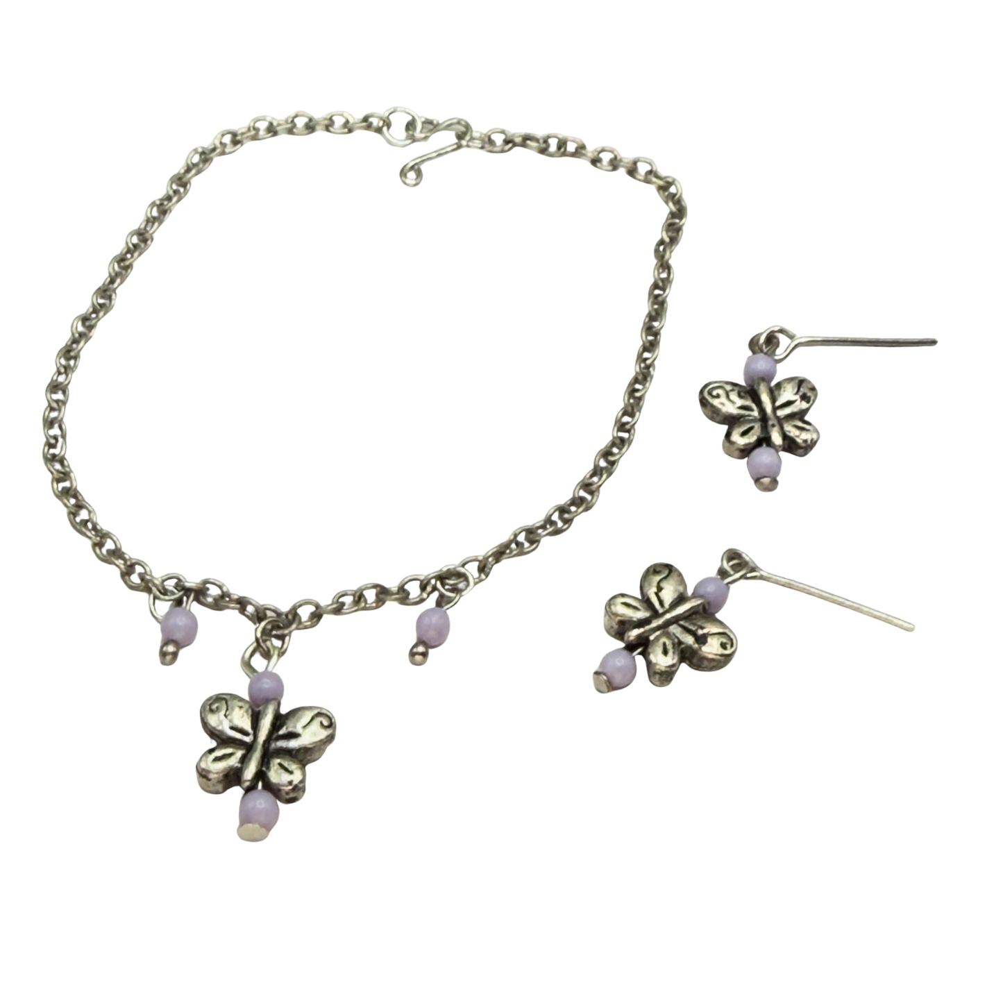 Silver Butterfly Light Purple Bead Accent Charm Doll Necklace & Earrings • 18 Inch Fashion Doll Jewelry