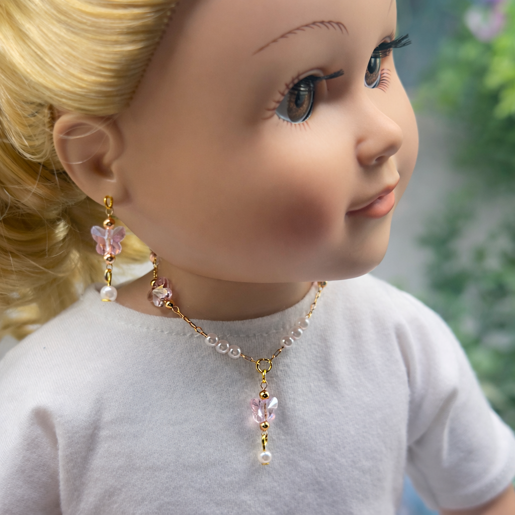 Pink Acrylic Crystal Butterfly & Pearl Gold Doll Necklace & Earrings • 18 Inch Fashion Doll Jewelry