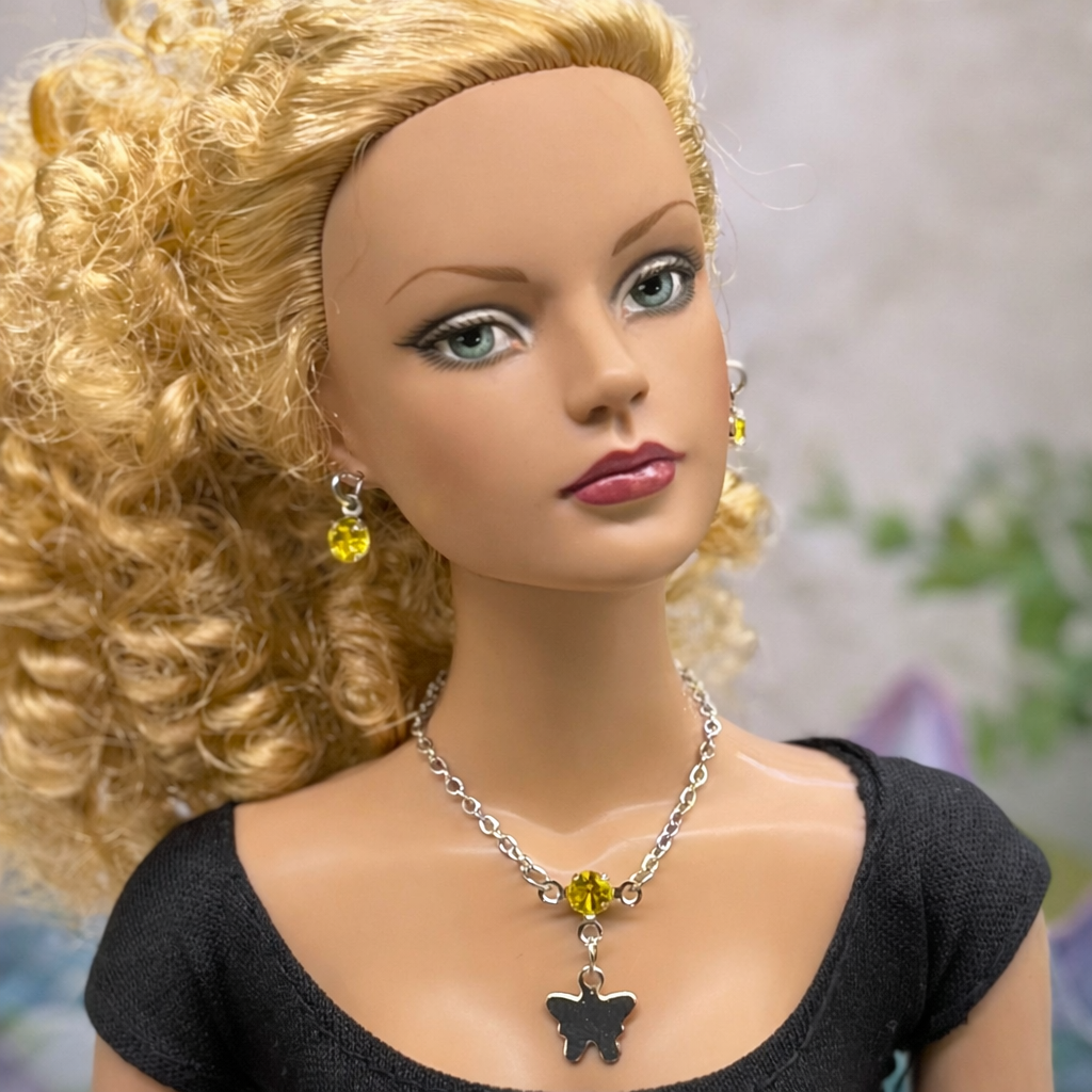 Yellow Rhinestone Silver Butterfly Charm Doll Necklace & Earrings for 16 Inch Fashion Dolls