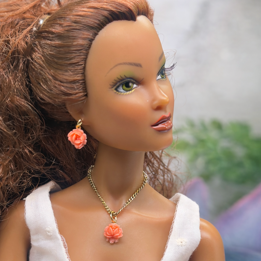 Coral Acrylic Rose Flower Charm Gold Chain Doll Necklace & Earrings • 16 Inch Fashion Doll Jewelry