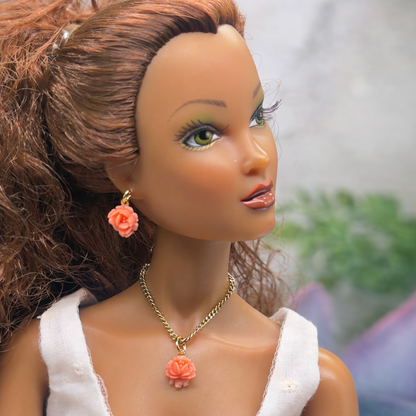 Coral Acrylic Rose Flower Charm Gold Chain Doll Necklace & Earrings • 16 Inch Fashion Doll Jewelry