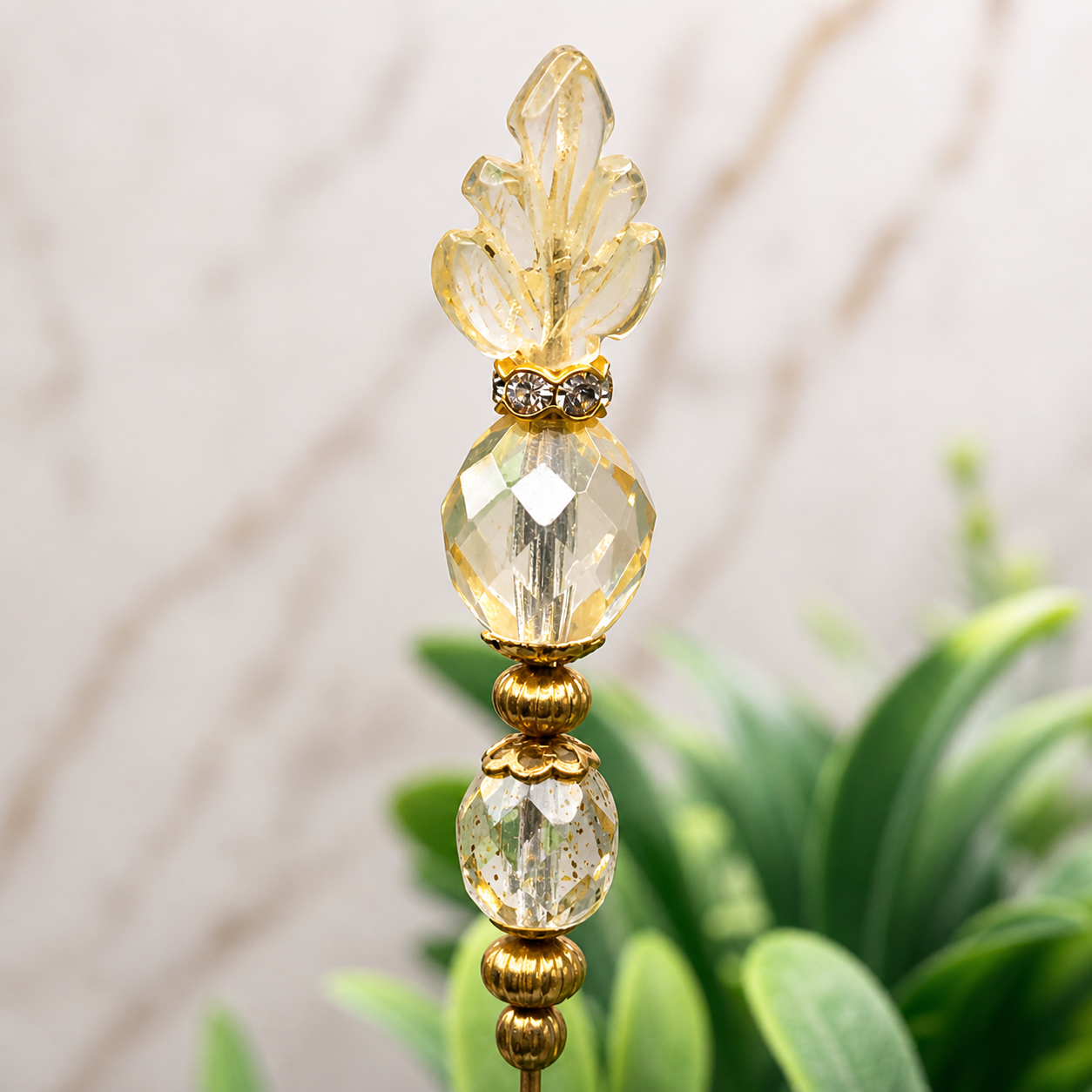 Light Yellow Glass Leaf Crystal Beaded - 6.25” Pin • Hatpin - Stick Pin