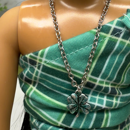 Four Leaf Clover Luck Green Enamel Silver Pendant Doll Necklace • 18 Inch Fashion Doll Jewelry