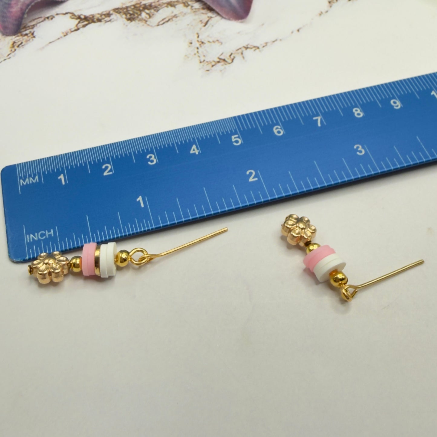 Pink White Disk Beaded Gold Flower Heart Doll Necklace & Earrings • 18 Inch Fashion Doll Jewelry