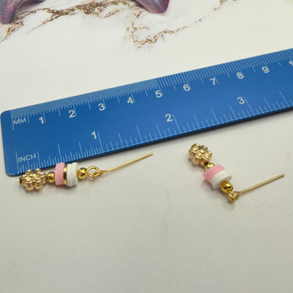 Pink White Disk Beaded Gold Flower Heart Doll Necklace & Earrings • 18 Inch Fashion Doll Jewelry